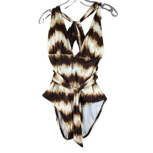 Ana Belted Bathing Suit Brown Tie Dye 1-Piece Swimwear Summer Stretch Women's 14